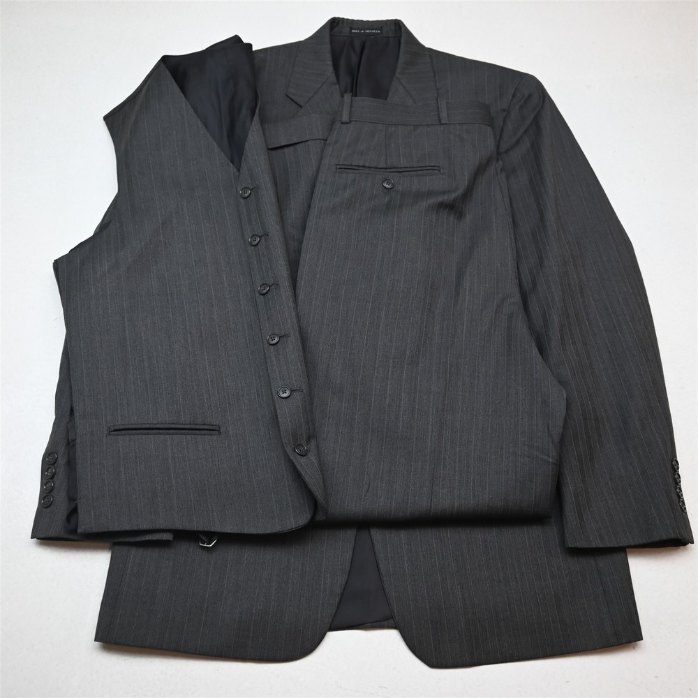 Vtg Y2K 2000s 3 Piece 38R 32x32 Gray 100% Wool Vest Mens Jacket Pants Suit